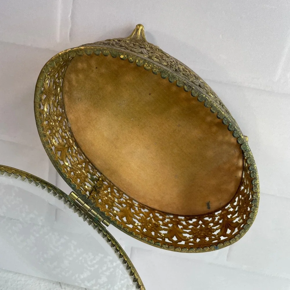 Vintage Gold Filigree Glass Trinket Box Oval Hollywood Regency Jewelry Casket